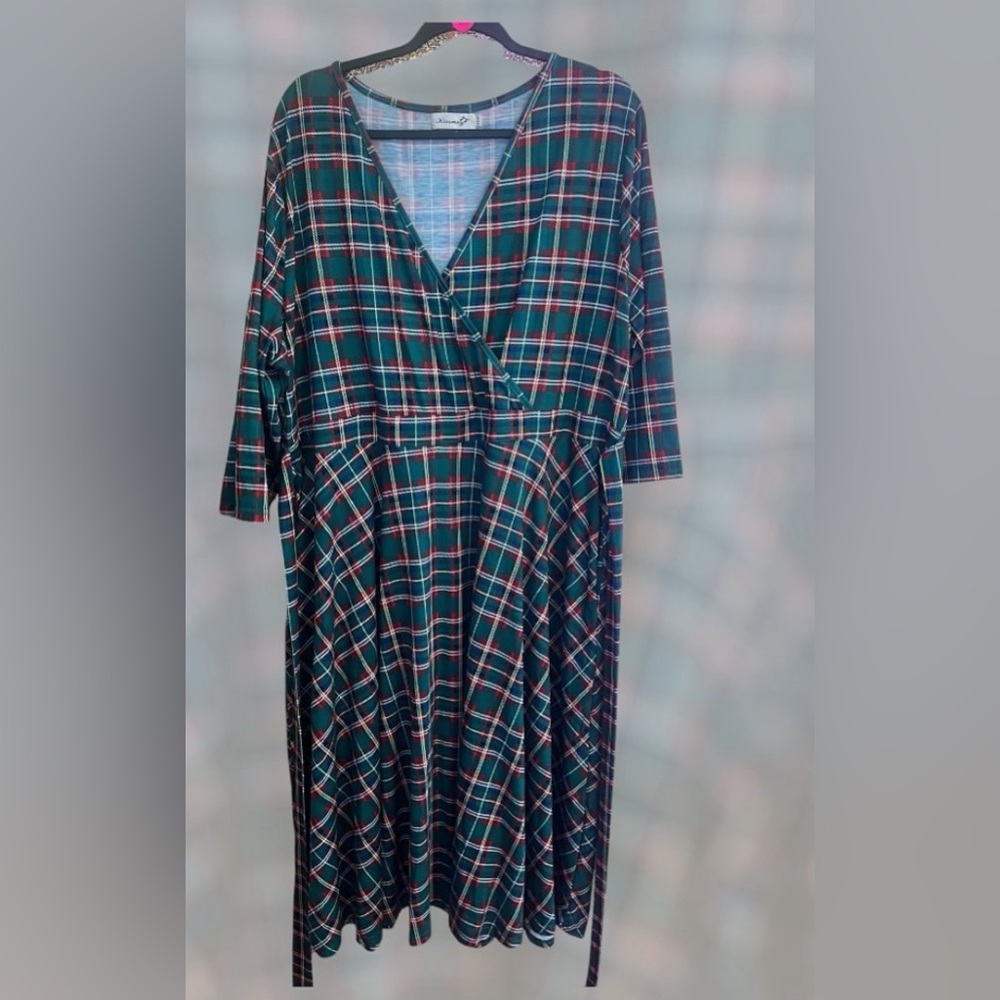 Plaid Wrap Dress - Green and Red